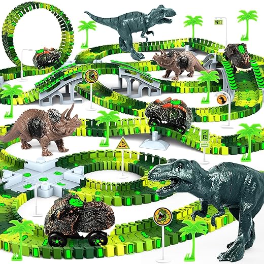 Dinosaur Toys, 201Pcs Create A Dinosaur World Road Race with Rolling Ball 8 Dino and 2 Race Cars for Boys & Girls Ages 3 4 5 6 7, Flexible Train Tracks Set with for Kids Christmas Birthday Gifts