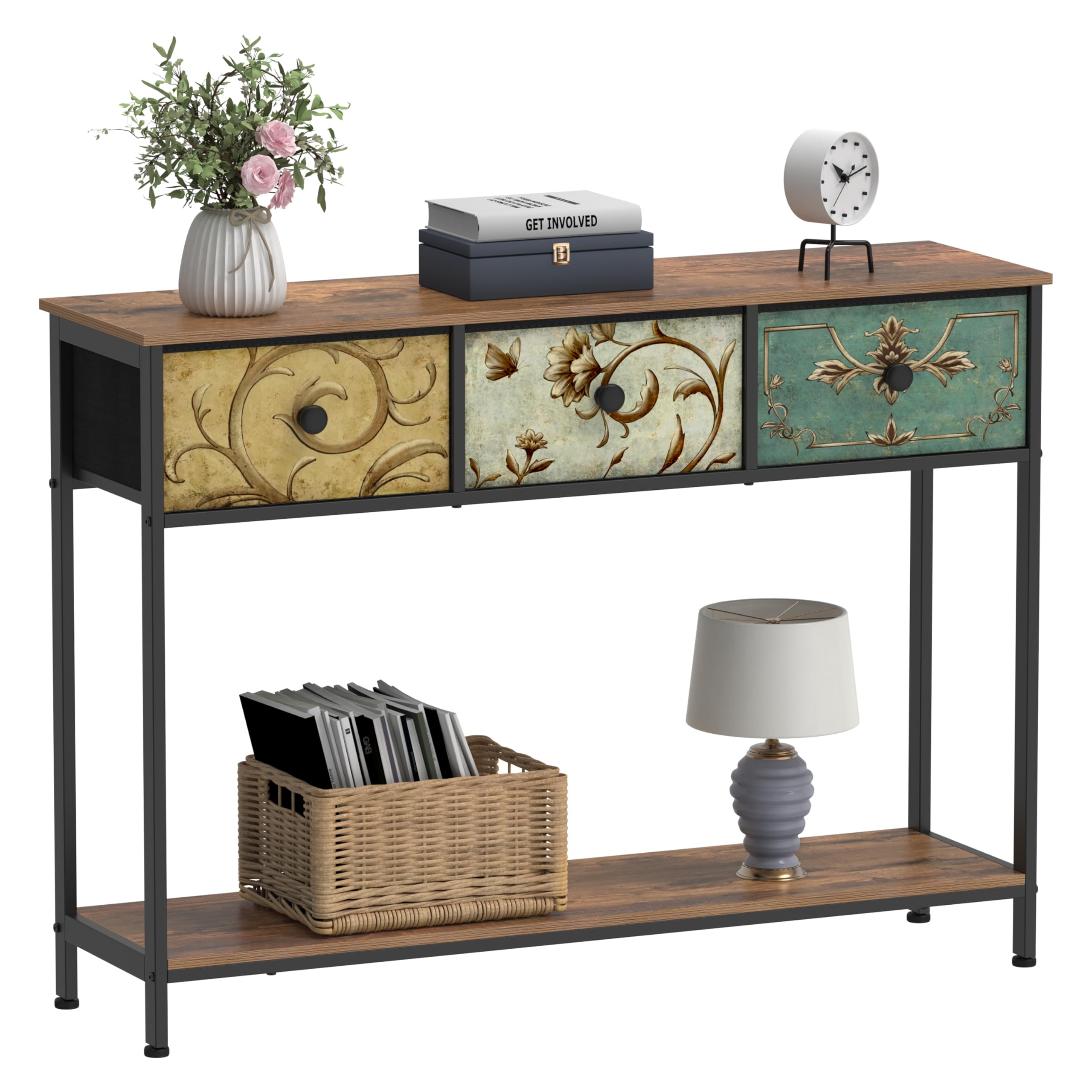 VEDECASA Konsolentisch Beistelltisch mit 3 Stoffschubladen Flurtisch mit Offenen Ablagefächern Eingangtisch Sofatisch für Flur Wohnzimmer Schlafzimmer Holz Metallrahmen einfache Montage Vintage Braun