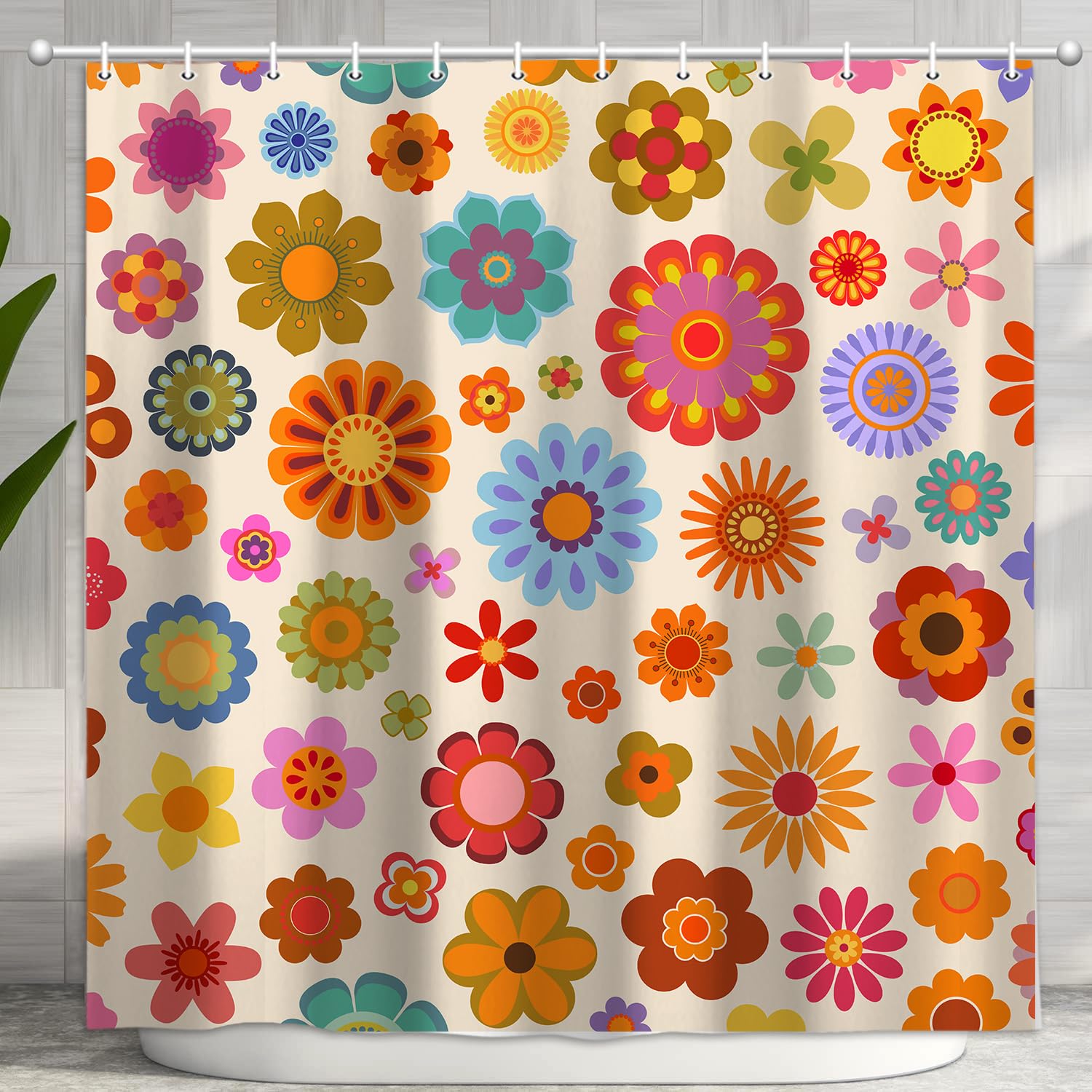 DeeCabin Retro Flower Shower Curtain, Groovy Vintage Hippie Funky 70s Sun Flowers Shower Curtains for Bathroom Decor, Boho Colorful Floral Shower