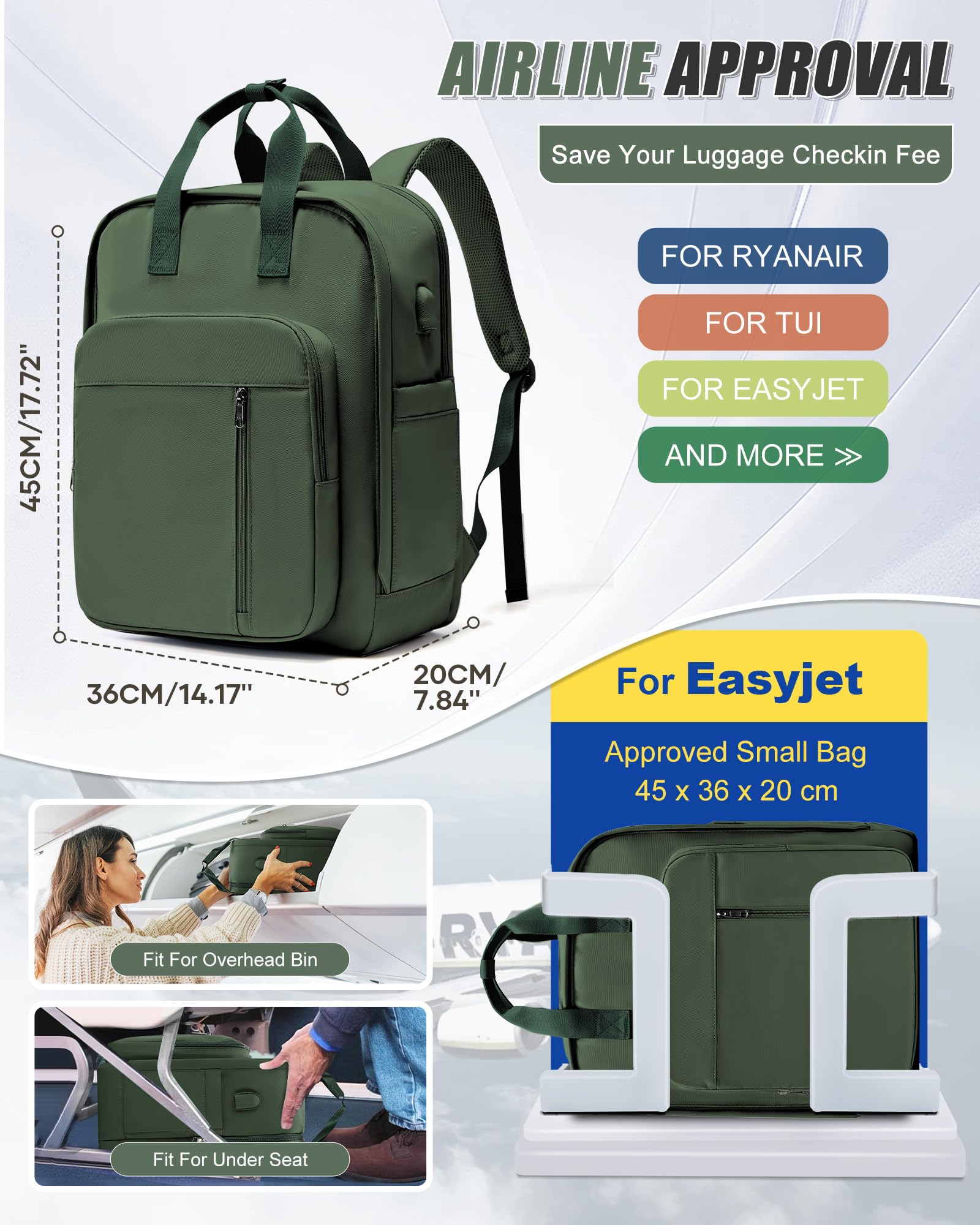 SZLX Zaino Ryanair 40x30x20 Sottovuoto Zaino da Viaggio 40x20x25 Bagaglio a Mano 40x30x20 Wizzair Donna Uomo Borsa da Cabina per Easyjet 45x36x20 Adatto a Laptop da 14 Pollici Impermeabile per Lavoro