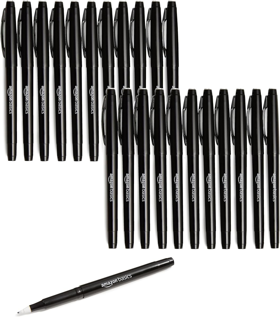 Amazon Basics Felt Tip Marker Pens, Black, Smooth Writing, for Writing, Drawing, Journaling and Note Taking, 24-Pack
