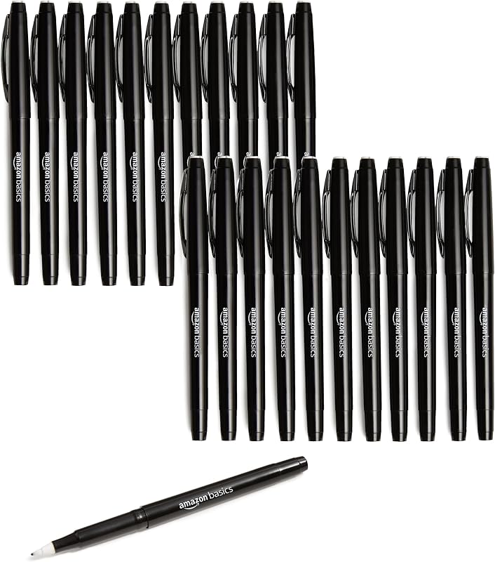 Amazon Basics Felt Tip Marker Pens, Black, Smooth Writing, for Writing, Drawing, Journaling and Note Taking, 24-Pack