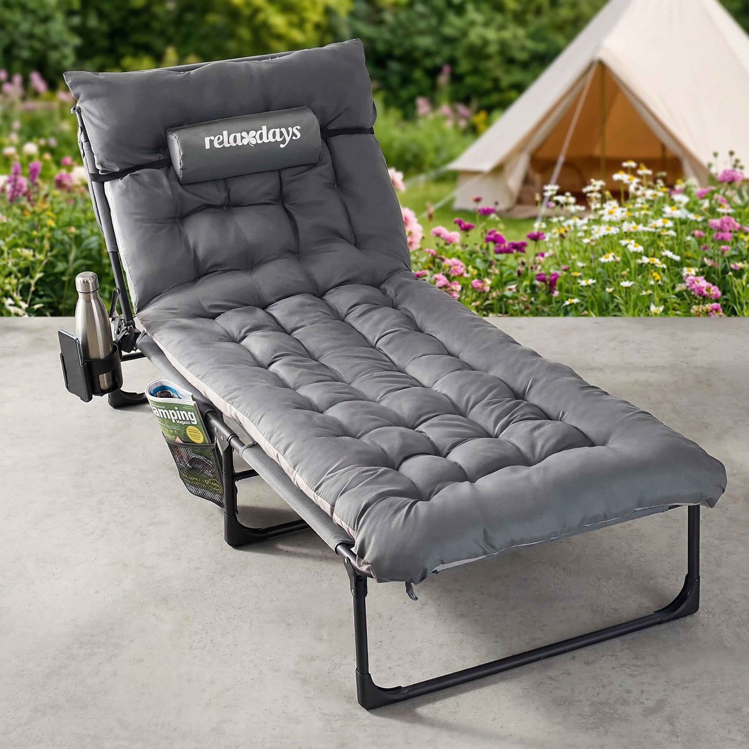 Relaxdays Letto Campeggio Pieghevole con Materasso, Cuscino nuca e Porta Smartphone, Max 250 kg, 26x190x72 cm, Grigio
