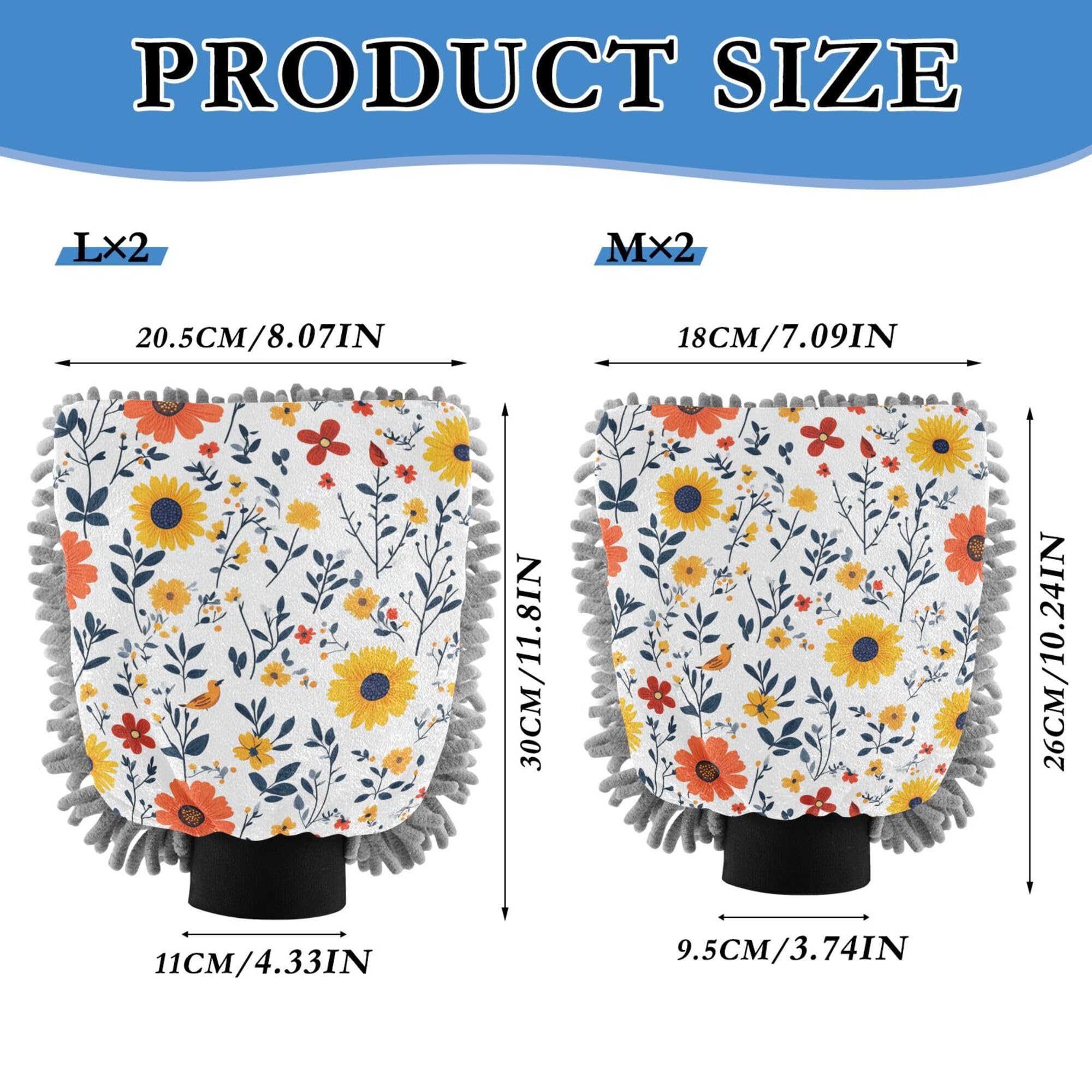 Flowers Sunflower Cornflower Birds White Microfiber Wash Mitt 11.8'' Car Washing Glove Scratch Free Detailing Gloves for Hand Brush Cleaning