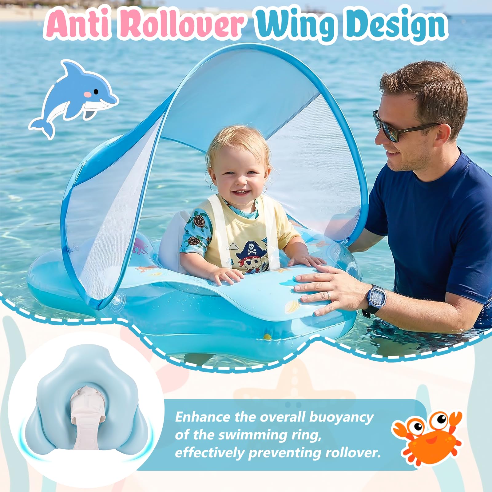 Ninonly Flotador Bebe con Sombrilla UV UPF 50+ Flotador Inflable para Bebe de Protección Solar Antivuelco Piscina Bebé con Asiento y Respaldo para Niños de 12 a 36 Meses