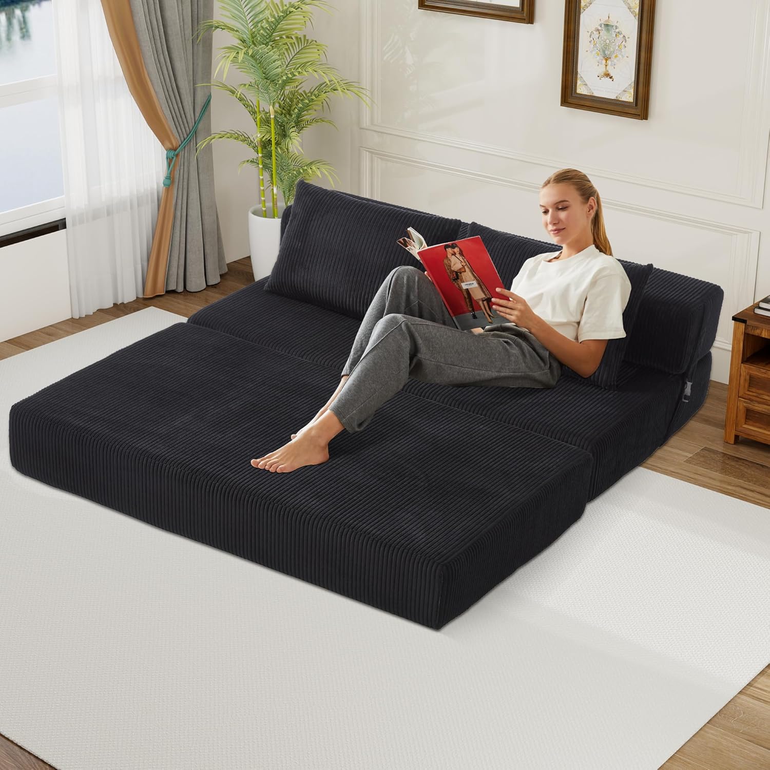Folding Sofa Bed Full Size, Convertible Sleeper Loveseat with 2 Pillows, Corduroy Foldable Couch Bed Boneless Loveseat Couch for Living Room, Apartment, Small Spaces (Black)