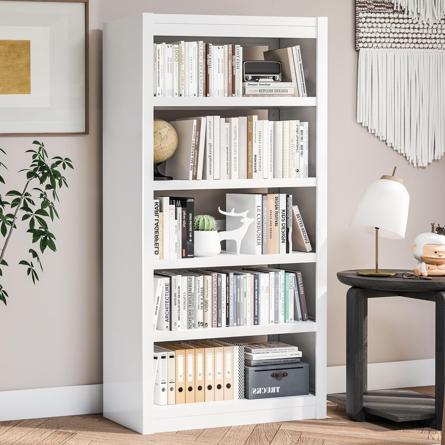 Metal Bookshelf, 5-Tier Bookcase with Adjustable Storage Shelves, White Book Shelf with Book Stopper, Modern Bookshelf for Living Room, Library, Home, Office