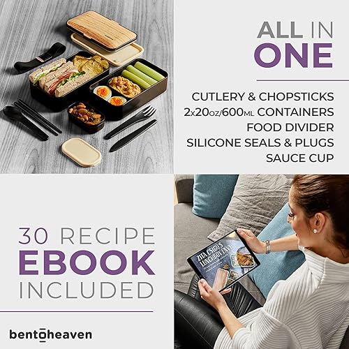 Miniatura 5 de Bentoheaven Lonchera Bento de alta calidad para adultos con compartimentos para mujeres y hombres, juego de utensilios, palillos y recipiente de
