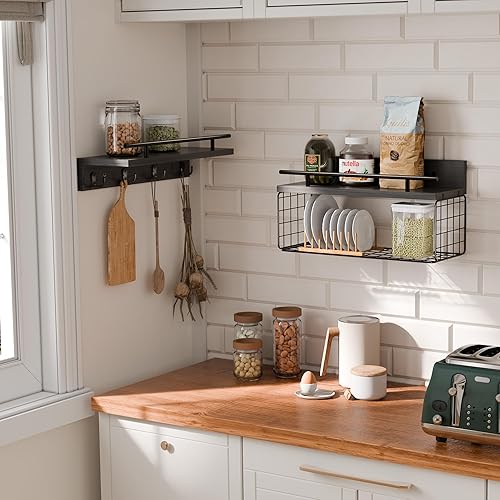 Miniatura 4 de Estantes flotantes  Estantes de baño negros sobre el inodoro, juego de 2 estantes de pared con cesta y ganchos