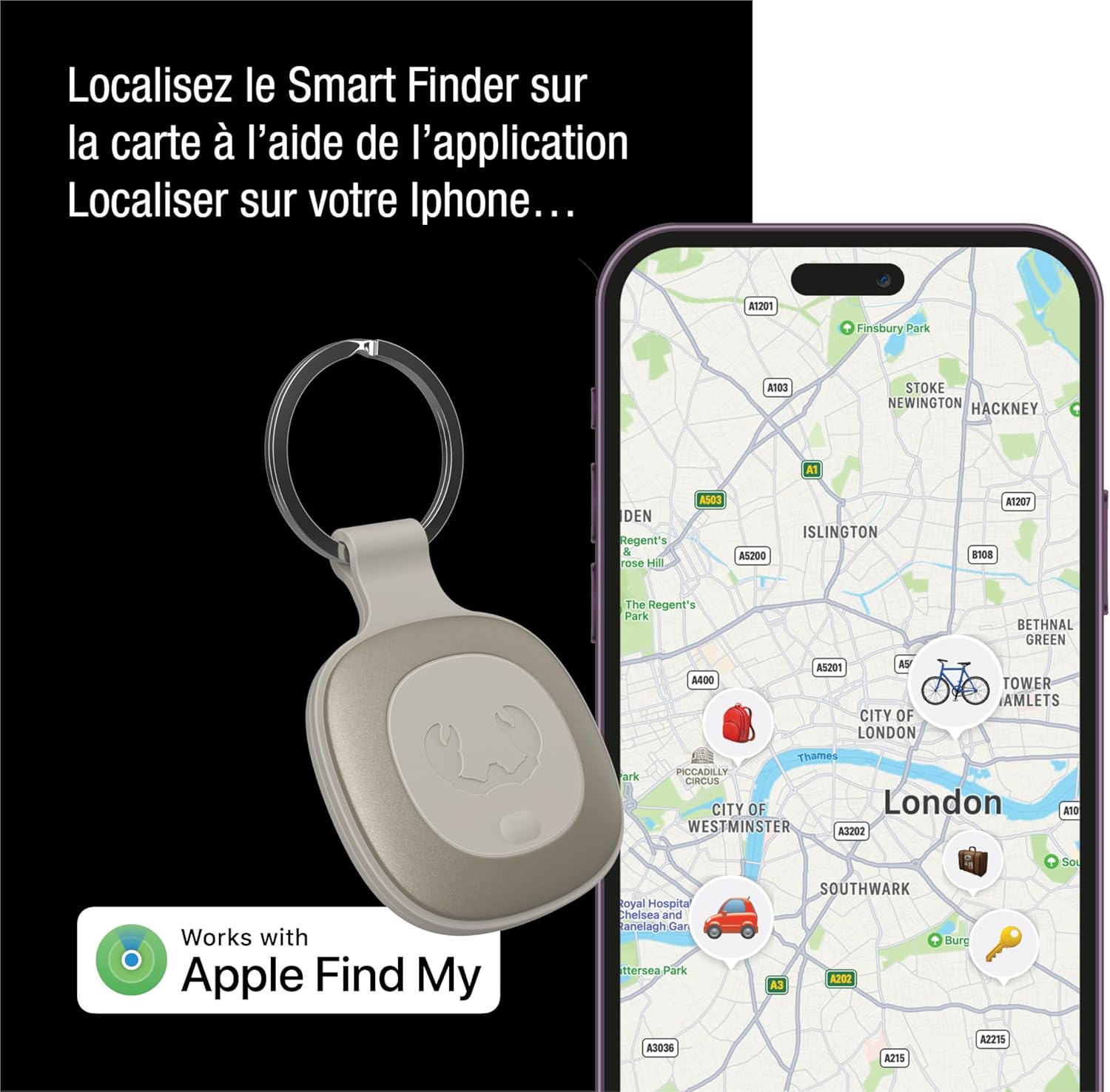 A Fresh 'n Rebel Smart Finder next to an iPhone screen displaying the Apple Find My app map, showing the location of various items including the Smart Finder.