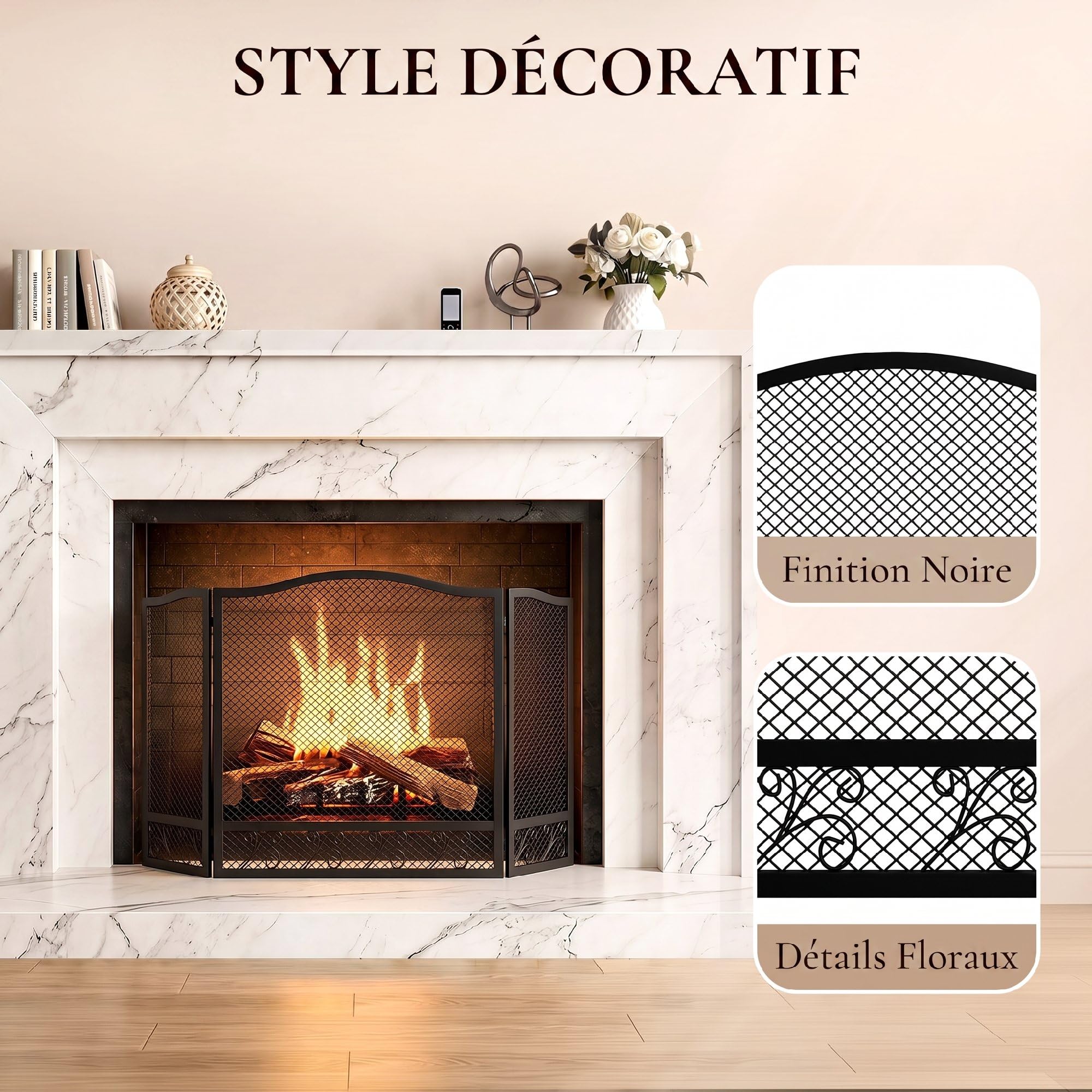 HOMCOM Pare Feu Cheminée Pliable 3 Panneaux 107 x 60 cm Métal Noir