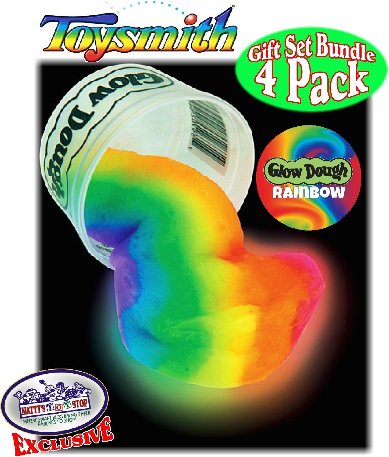 Toysmith Glow Dough Rainbow (Slime/Putty) Complete Gift Set Party Bundle with Exclusive Matty's Toy Stop Storage Bag - 4 Pack