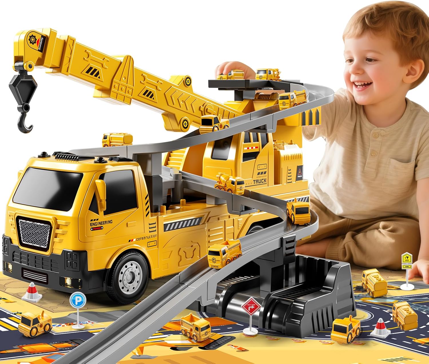 Construction Truck Crane Track Toy for Kids 3 4 5 6 7 8 Years Old, Engineering Excavator Vehicle Race Track with 8 Small Cars, Sound and Light, Boy Toys, Gifts for Toddlers Boy Girl Ages 3-5