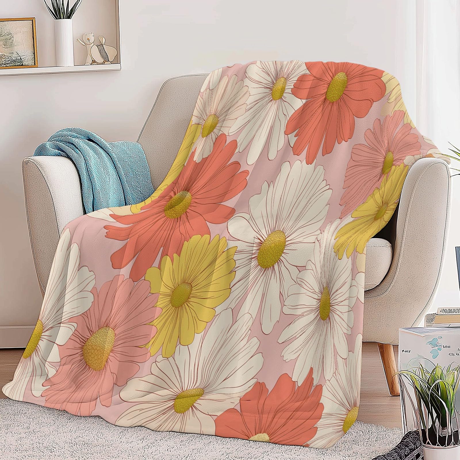 Generico Koc polarowy w kratę retro chryzantema 180 x 220 cm Super miękki zimowy ciepły koc w kratę, na sofę, narzuta na łóżko, na wszystkie pory roku, dla dorosłych dzieci