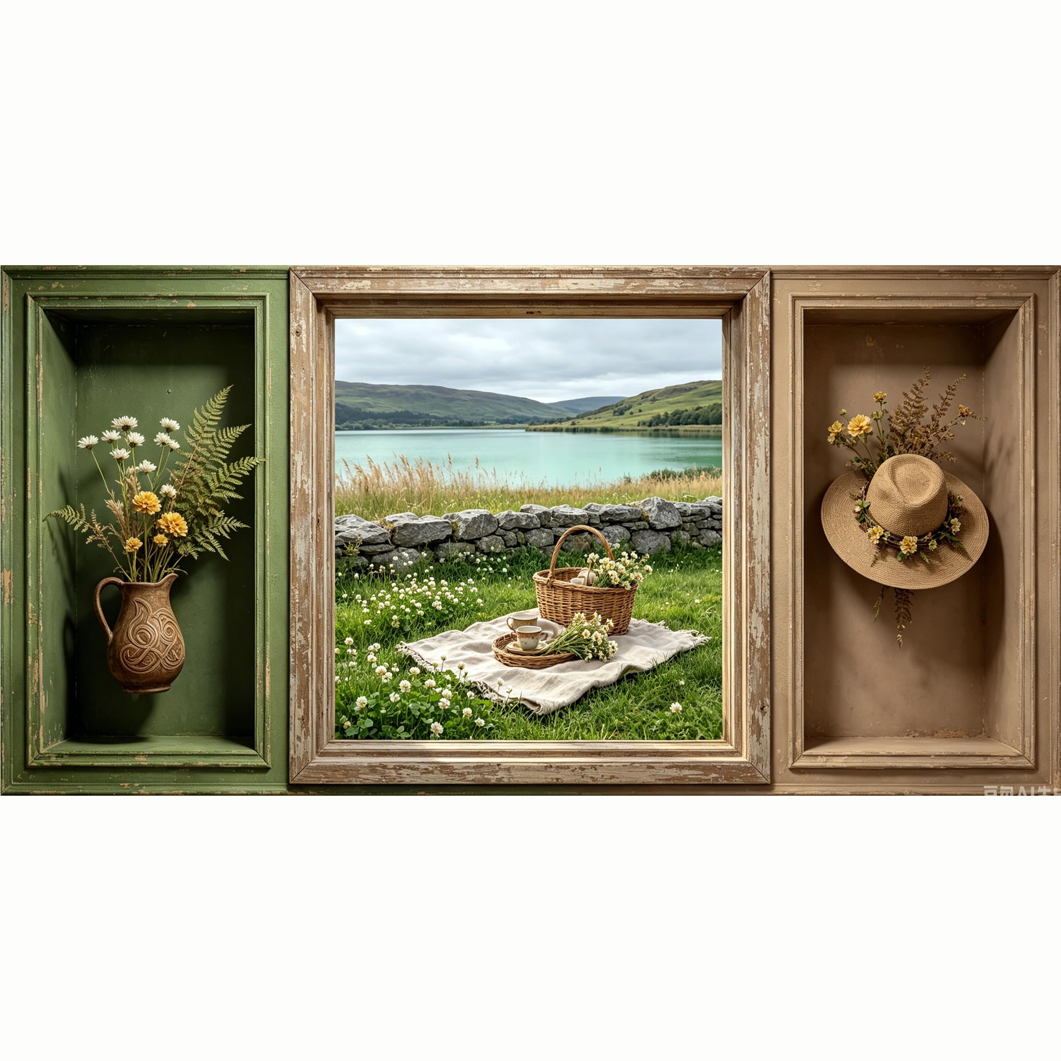 QZLITHOTIC 50x100cm 3D Framed Wall Art， Scenic Mountain Lake Picnic SelfAdhesive Mural， WaterActivated Peel & Stick Fabric Decor Wall Decal for Bedroom Living Room Rustic Farmhouse