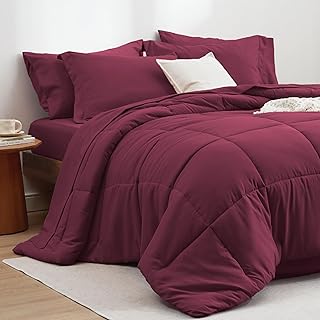 Bedsure Burgundy Queen Comforter Set - 7 Pieces Solid Queen Bed in a Bag, Queen Bed Set Burgundy with Comforters, Sheets, ...
