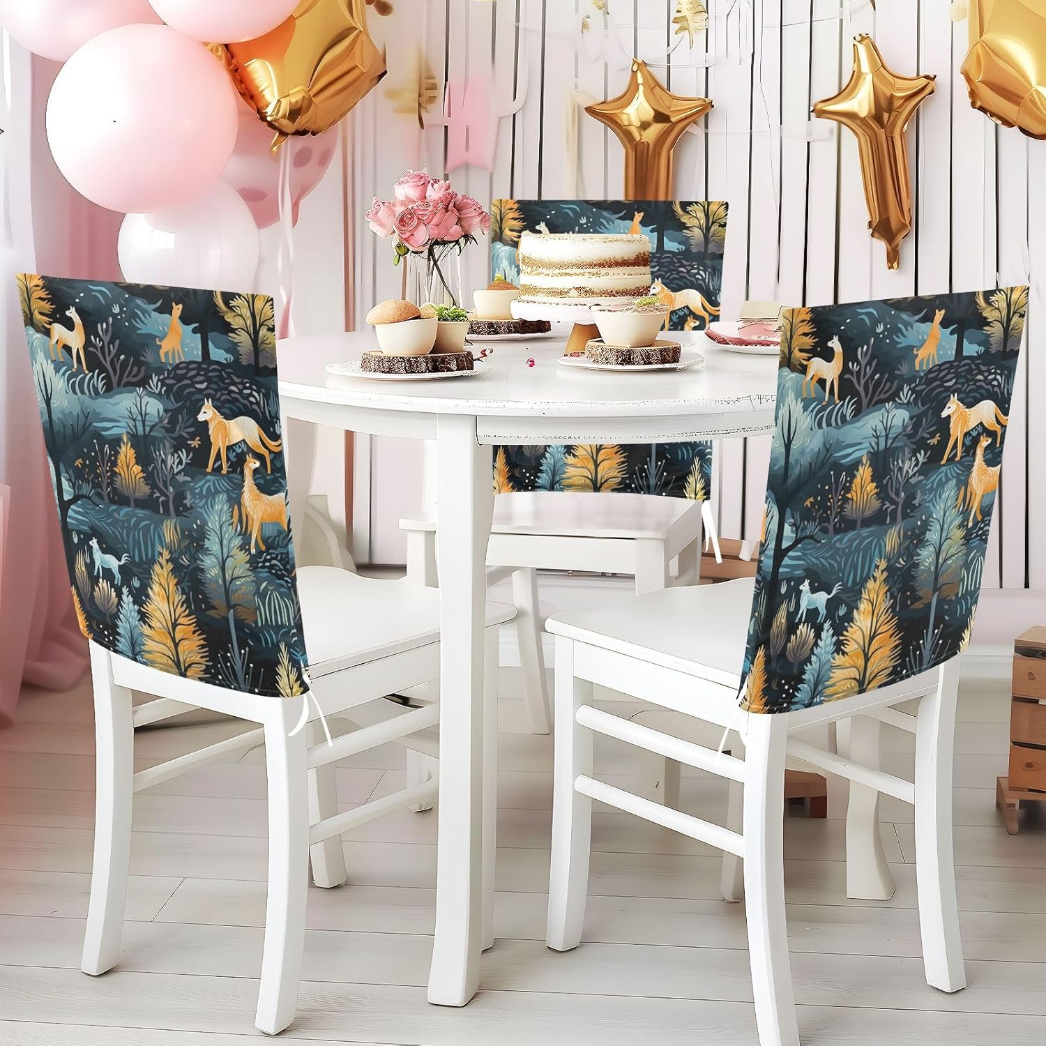 ALAZA Wolves Forest Chair Back Cover Set of 6, Washable Reusable Removable Chair Slipcovers Decorative Chair Cover for Home Kitchen Wedding Party