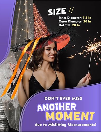 Miniatura 4 de Sombreros de bruja con luz LED naranja para mujer, sombrero de bruja de Halloween ligero con lindo encaje y ala de sombrero grande, diseños únicos