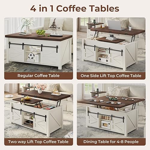 Miniatura 4 de Mesa de centro elevable para sala de estar con 4 puertas corredizas de granero, mesa de centro 4 en 1 con estantes ajustables y compartimento de