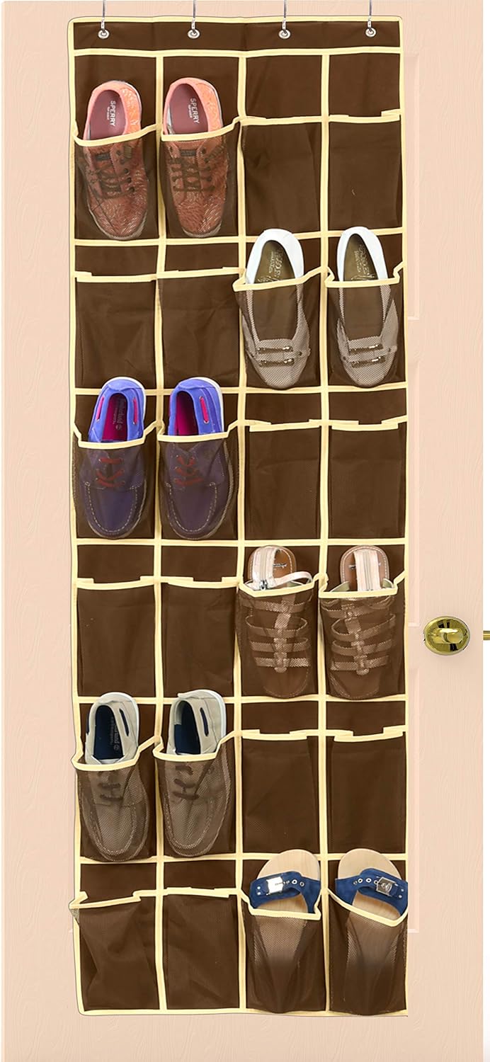 Simple Houseware 24 Pockets Over The Door Hanging Shoe Organizer, Brown (64'' x 19'')