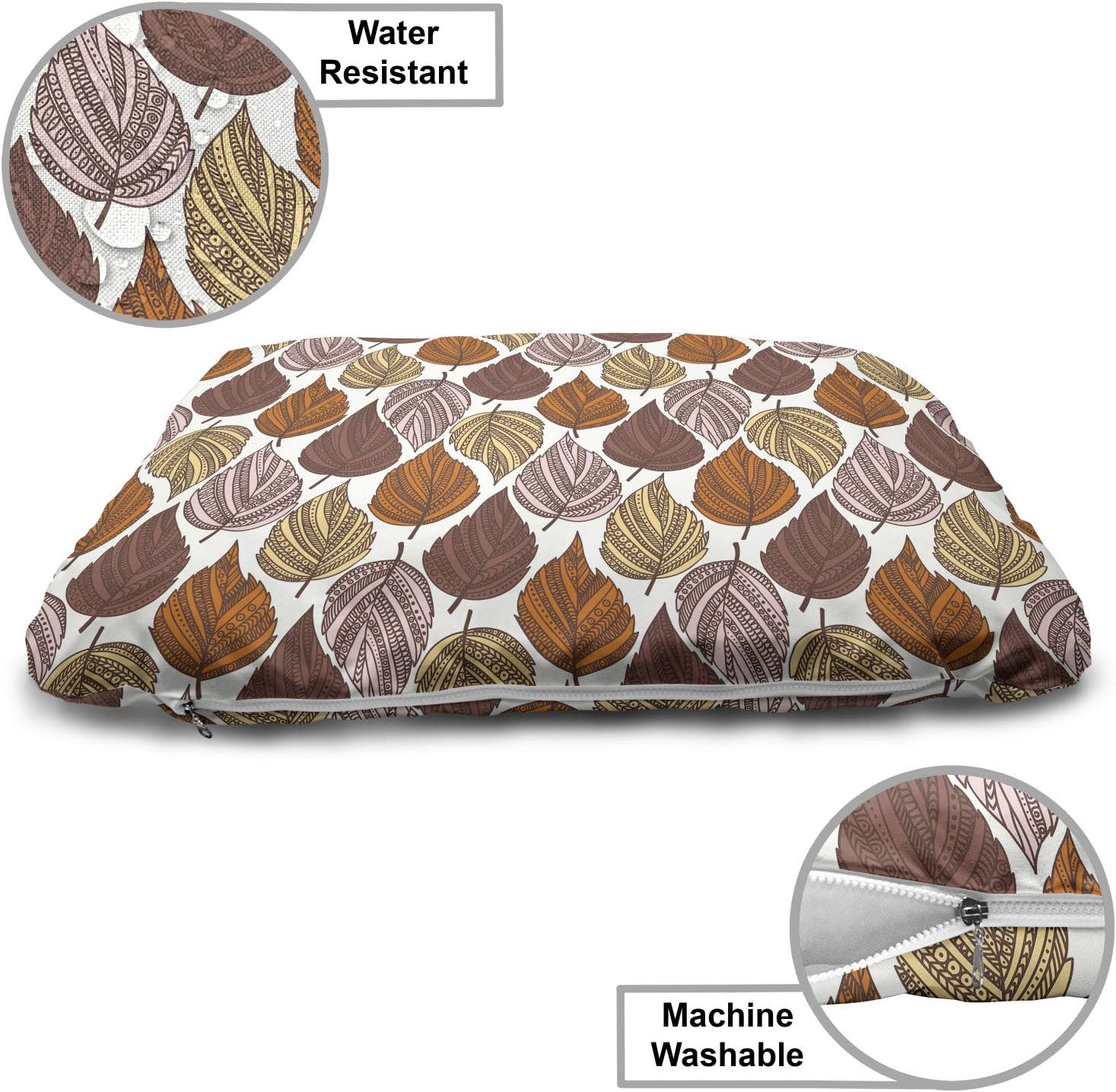 review Ambesonne Autumn Pet Bed, Continuous Pattern of Zentangle Style Ornamental Leaves in Pastel Tones, Chew Resistant Pad for Dogs and Cats Cushion with Removable Cover, 24