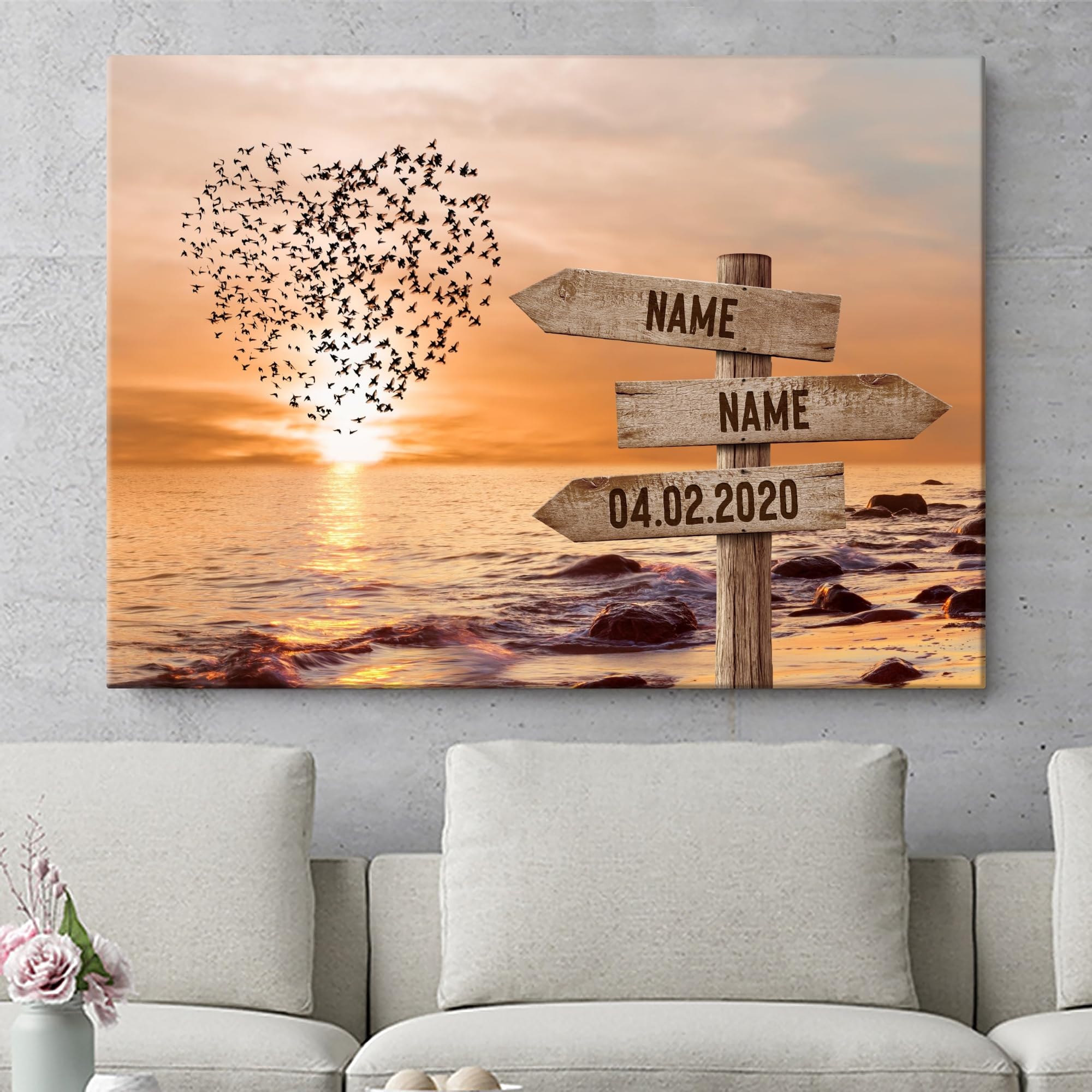Liebesleinwand Das sind wir Leinwand: Sonnenuntergangsliebe | Leinwandbild mit Namen und Datum | Wandbild gestalten | Jahrestag Geschenk für Frau Freundin Mann Freund