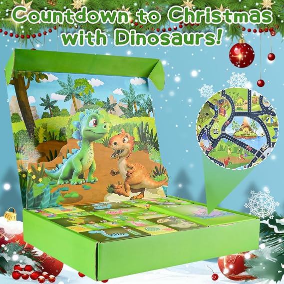Dinosaur Advent Calendar 2025 Kids Boys, 24 Days Christmas Countdown Calendar, Dinosaur Car Toys with Game Map, Christmas Surprise Gift for 4 5 6 7 8 Year Olds