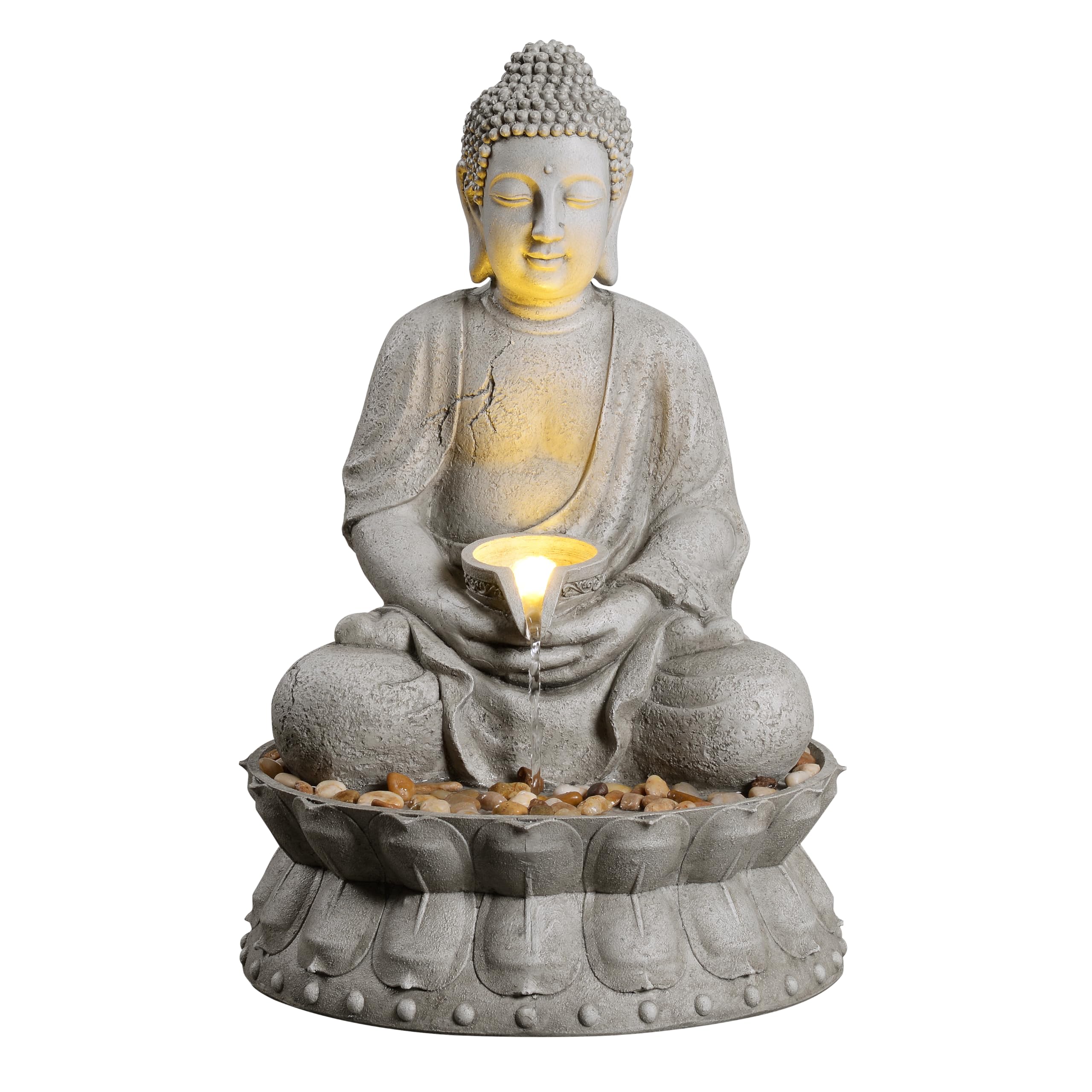 Fontaine à eau d'extérieur Bouddha méditant avec lumière LED, finition pierre grise, base lotus avec galets