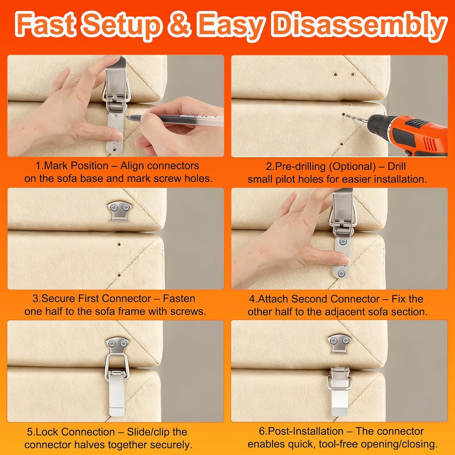Sectional Sofa Connectors, Heavy Duty Metal Sectional Couch Connectors to Keep Couch Together, Modular Furniture Clips Hooks Brackets for Preventing Sliding & Separation (4 Pcs with 20 Screws)