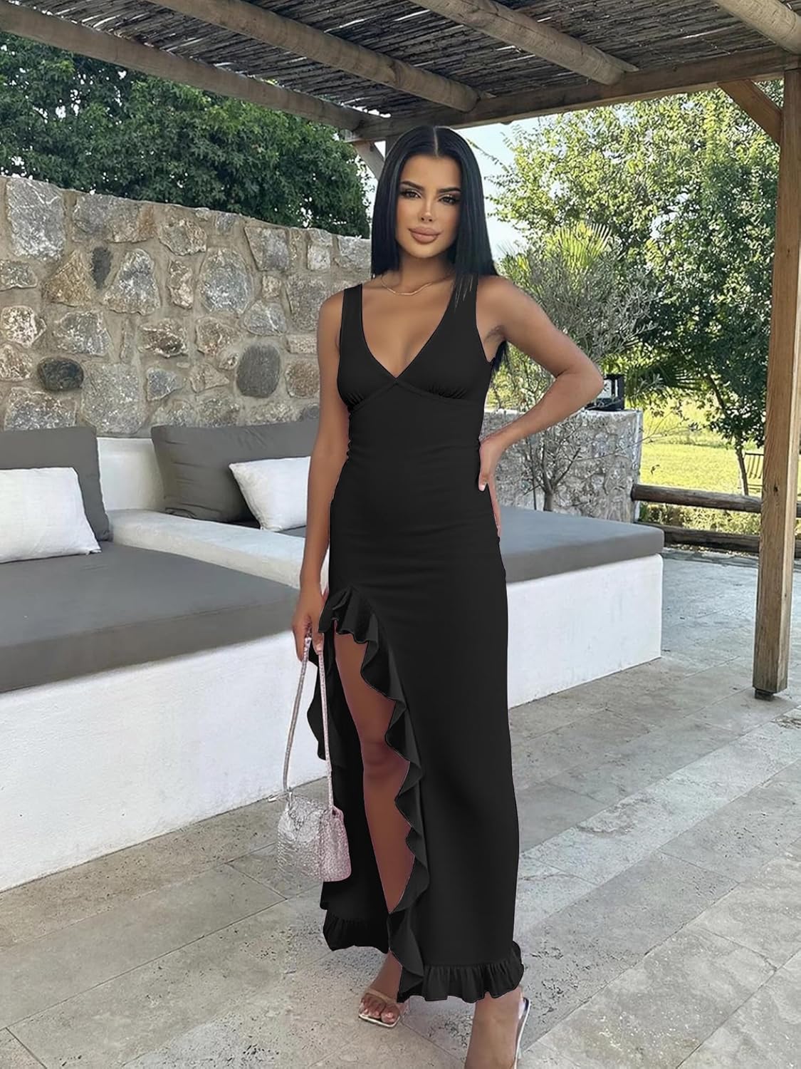 Mokoru Women's Sexy Bodycon V Neck Sleeveless Ruffle Hem High Slit Cocktail Party Maxi Dresses - Image 4