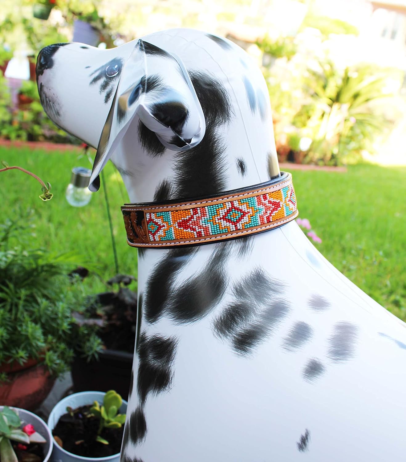Large 21''- 25'' Hand Tooled Beaded Padded Leather Dog Collar 60164