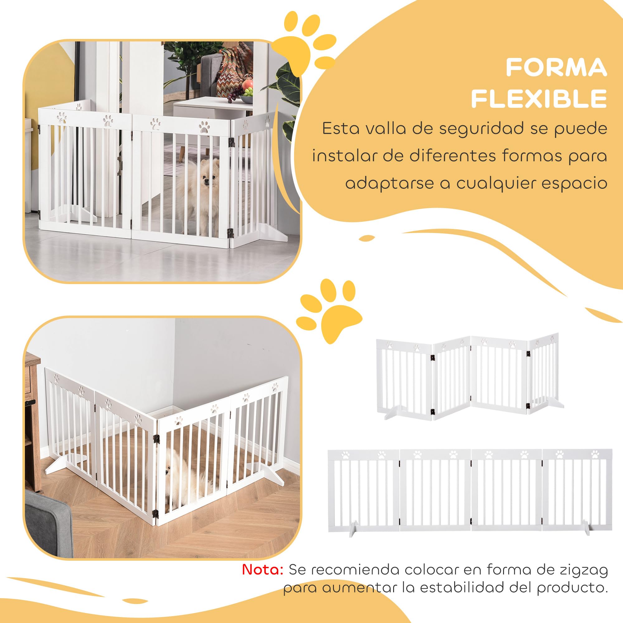 PawHut Barrera para Perros Plegable 4 Paneles Madera 204x61 cm Blanco | Barrera de Seguridad, para Perros Pequeños, Patas de Apoyo, Pasillo, Escalera