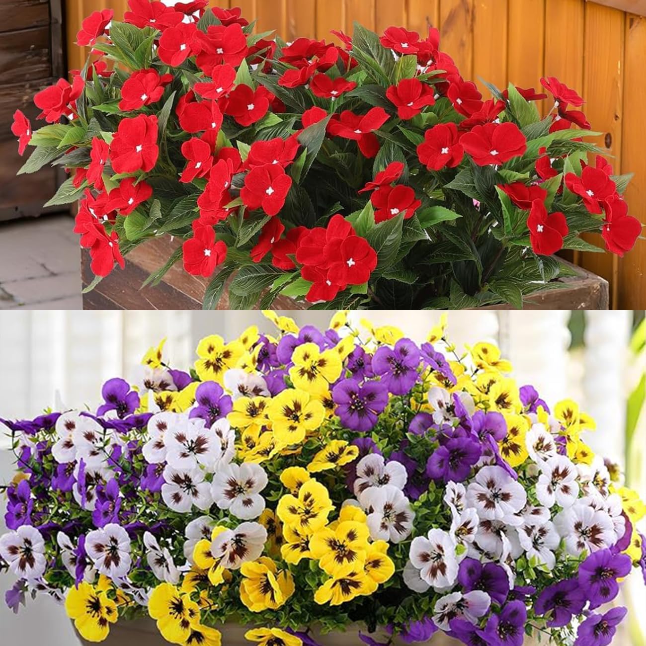 Artificial Flowers for Outdoor, Faux Silk Pansies Impatiens Flowers for Outside for Planter Front Door Porch Yard Patio Window Box Home Decor