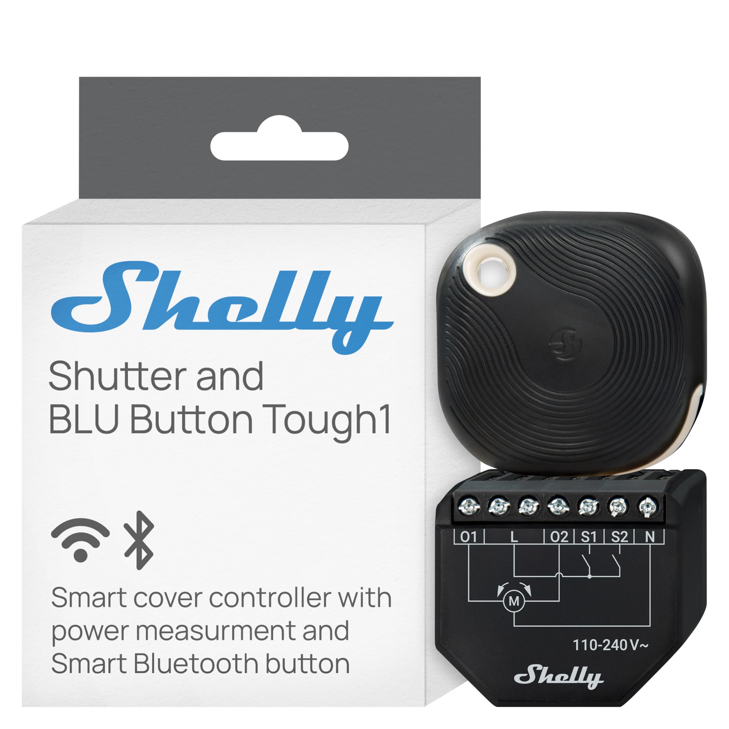 Shelly Shutter et Shelly BLU Button Tough 1 - Module interrupteur volet roulant connecté avec télécommande, 110-240 V, 4A, Mesure consommation, Horaires, Compatible Alexa, Google Home, Smart Things