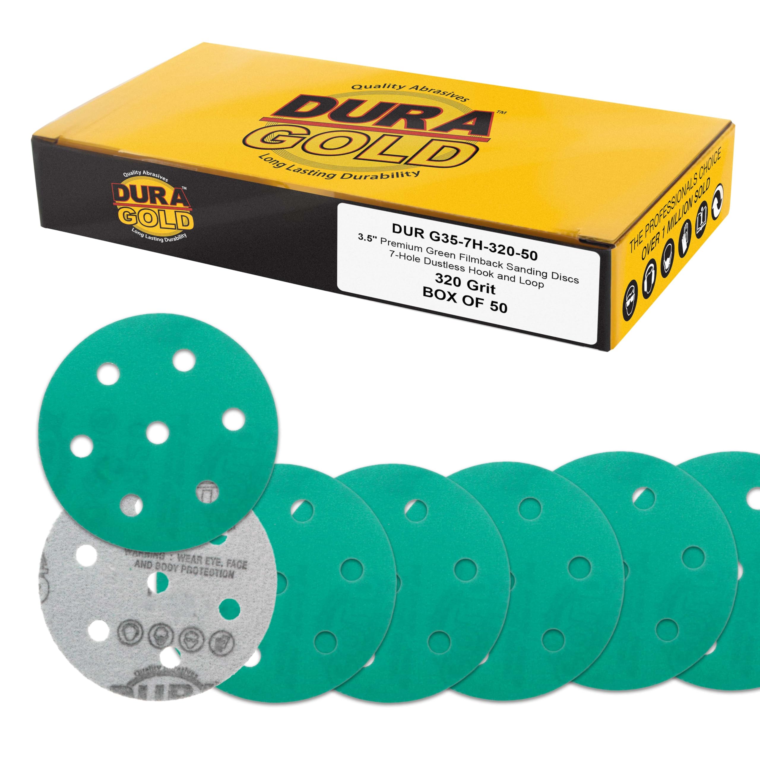 Dura-Gold Premium 320 Grit 3.5" (90mm) Green Film Sanding Discs, 7-Hole Pattern, Box of 50 - Fits Festool RO 90 Rotex Hook & Loop Backing Sandpaper