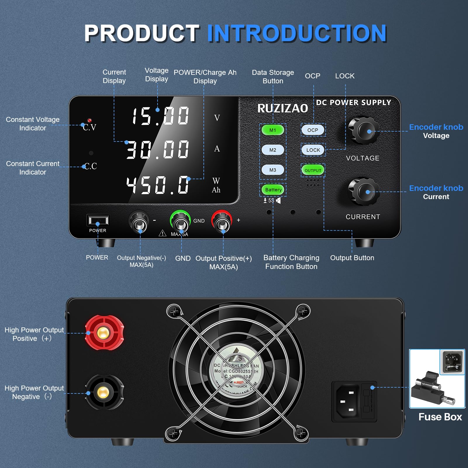 Alimentatore da Banco 15V 30A 450W Alta Potenza, Per la 6V 12V Ricarica Della Batteria etc. Alimentatore da Laboratorio, Funzione di Archiviazione Dati,Uscita pulsante,Pulsante OCP