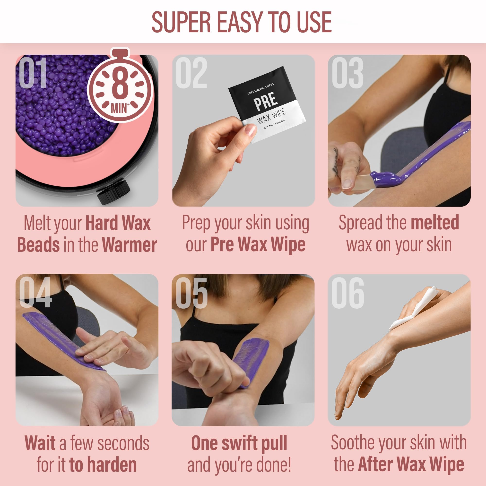Tress Wellness Kit ceretta per pelli sensibili, sicuro per viso e pelle, salviette per la preparazione e la cura del viso, facile da usare, kit a casa per viso, bikini, brasiliana e tutto il corpo