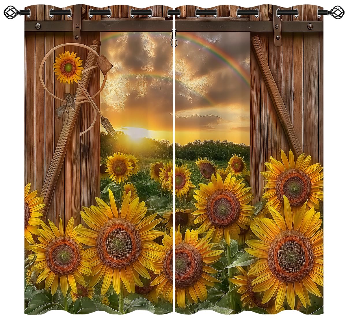 18TH CROZY Sunflower Blackout Curtains for Girls Boy Home Decor, Barn Rustic Vintage Flowers Rainbow Grommet Thermal Insulated Drapes Darkening Window