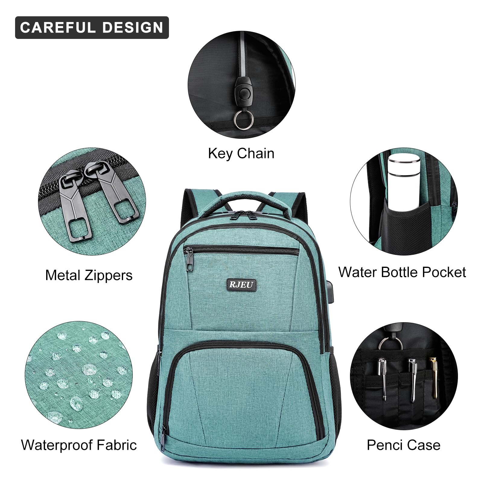 RJEU Zaino Uomo Donna, Zaino Scuola Superiore Media Zaino Università Per PC Portatile 15.6 Pollici con Porta di Ricarica USB