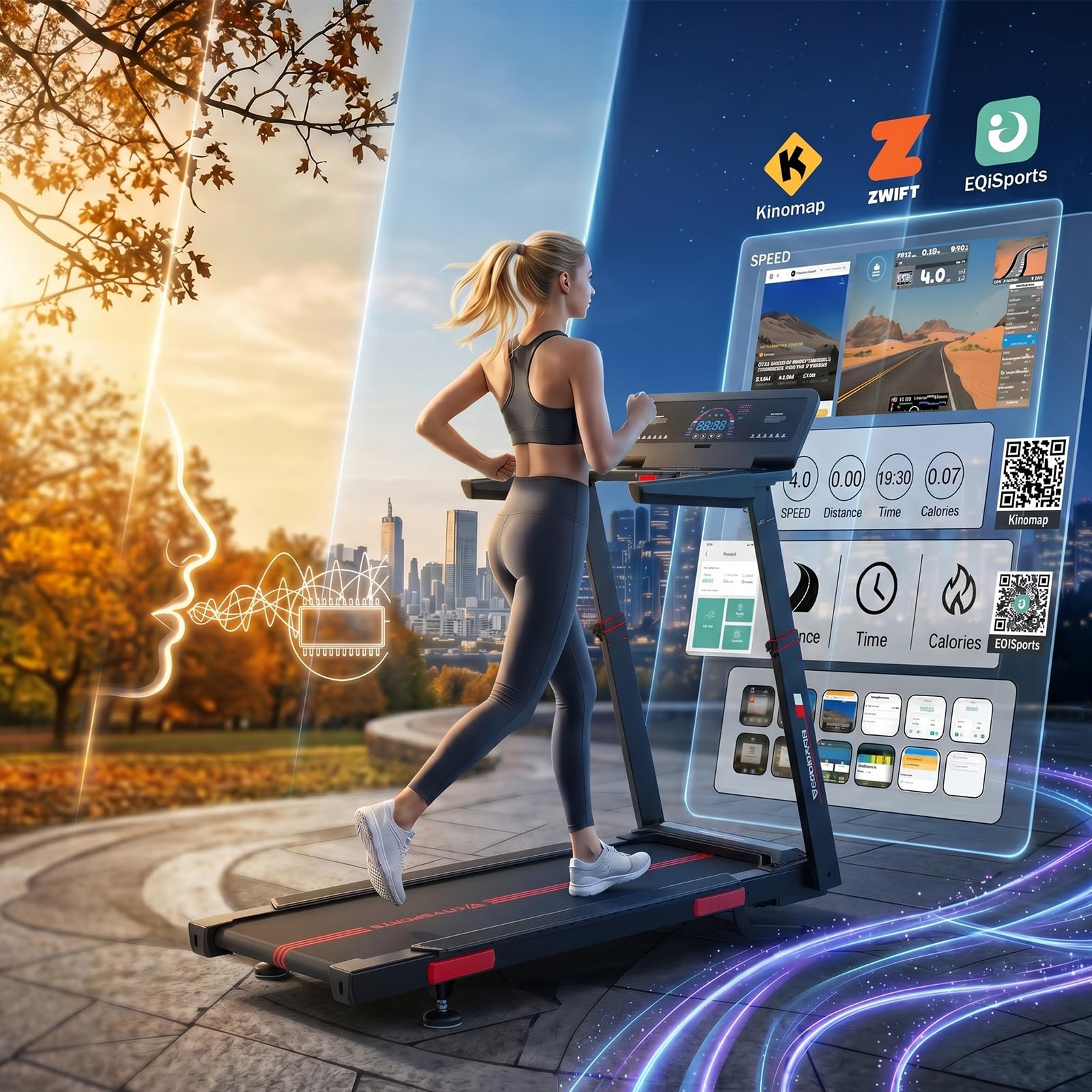Laufband für Zuhause Klappbar mit Steigung bis 200 kg belastbar, 16.5 km/h Walking Pad mit KI Sprachsteuerung und Bosch Motor, Leise Elektrisches Laufband Schreibtisch mit App