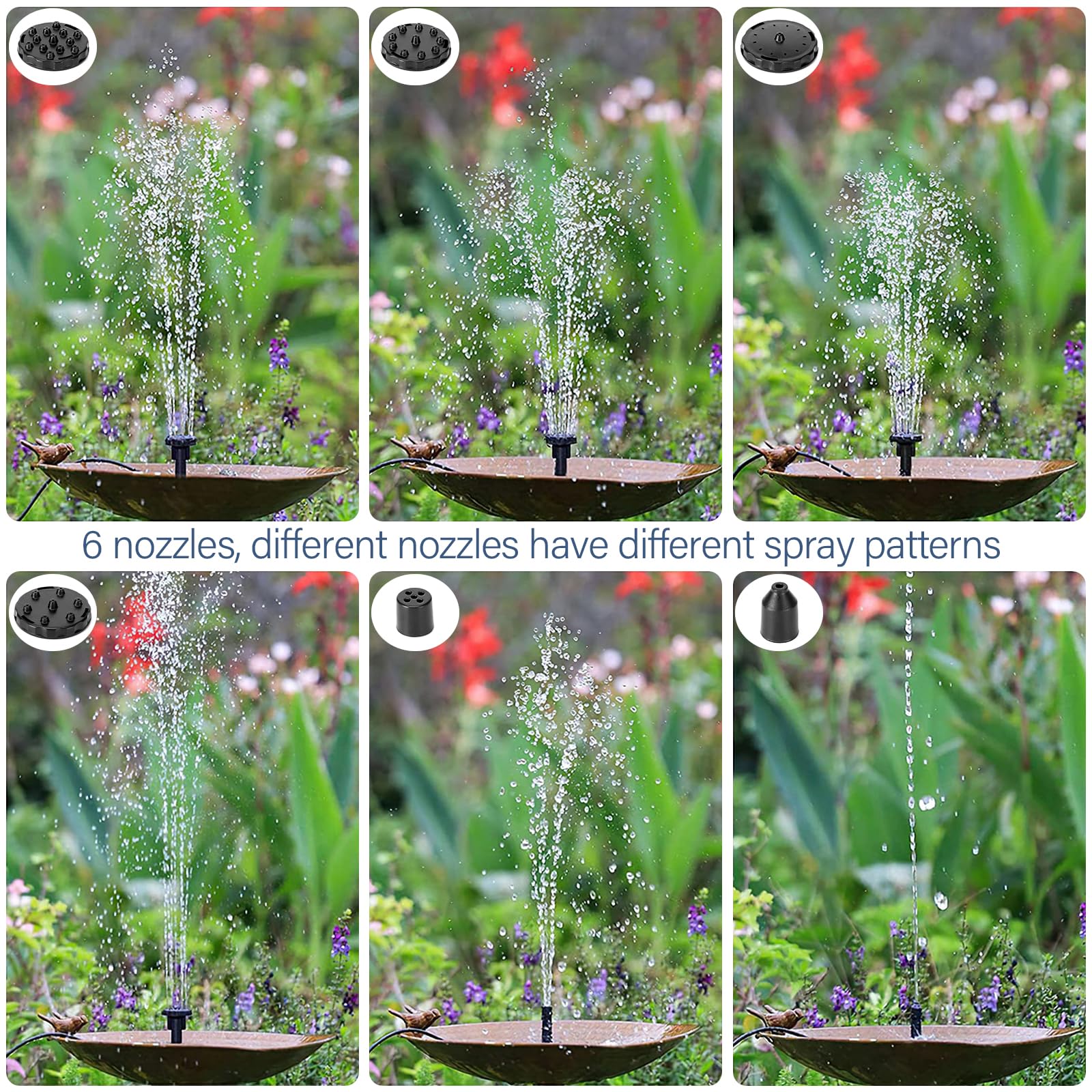 Sprifityy Pompa solare per fontane,Fontana Solare 1.5W,Pompa per Acqua Solare con Tubi da 3M,6 ugelli per colibri,per Giardino, Bagno per Uccelli,Contenitori per Pesci,stagno,piscina