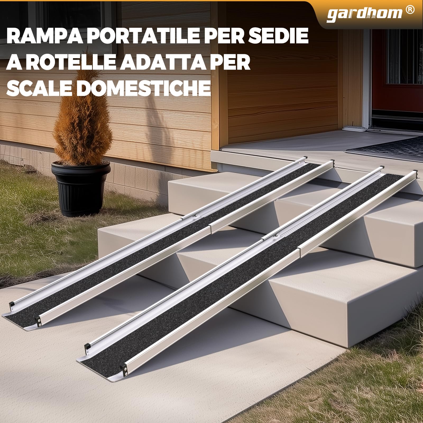 Gardhom Rampa Telescopica per Sedia a Rotelle, 105-183 cm, Regolabile, in Alluminio, Antiscivolo, con Capacità di Carico di 272 kg, per Scale e Ostacoli, Passi in Casa Nella Borsa in tessuto