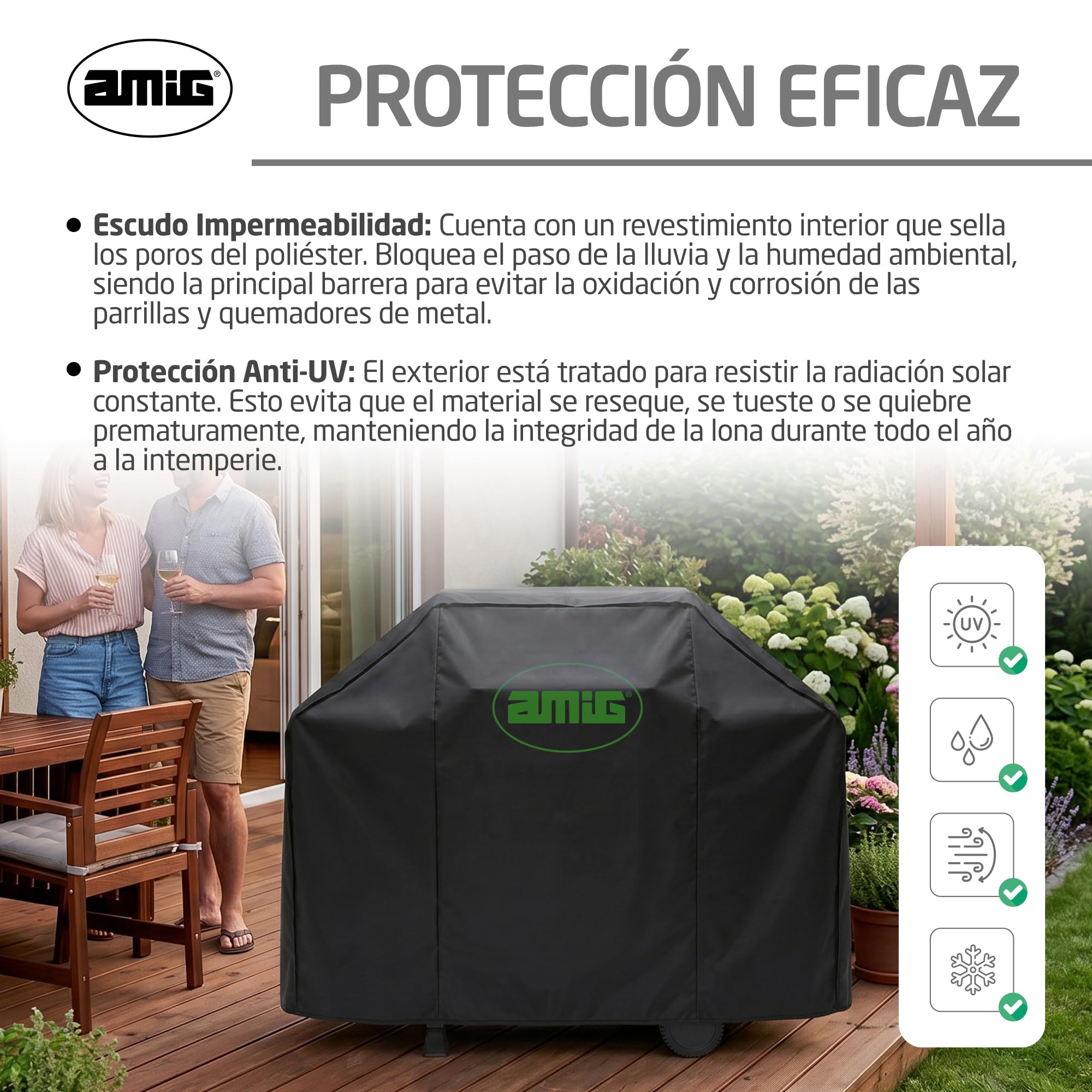 Amig - Funda Barbacoa Exterior Impermeable - 117 x 66 x 117 cm - Negro - Fabricado en Tela Oxford 210D - Tela con Revestimiento Anti-UV - Resistente al Agua, la Lluvia y el Sol. - Mod. AM31