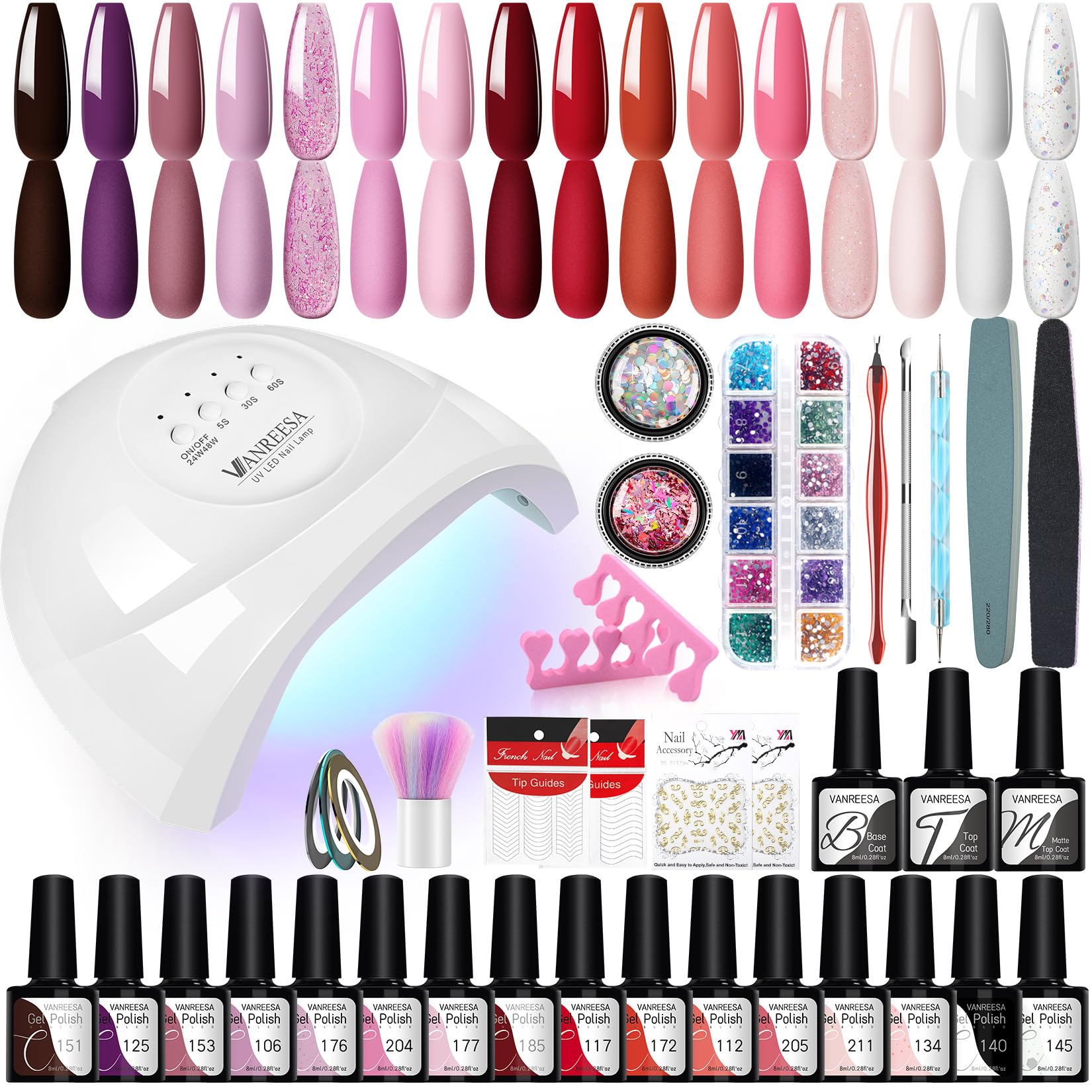 VANREESA Kit Uñas Semipermanentes 16 Colores Uñas Semipermanentes Kit Completo con Lámpara U V 48W Set Manicura Semipermanente con Mate Top Base Coat