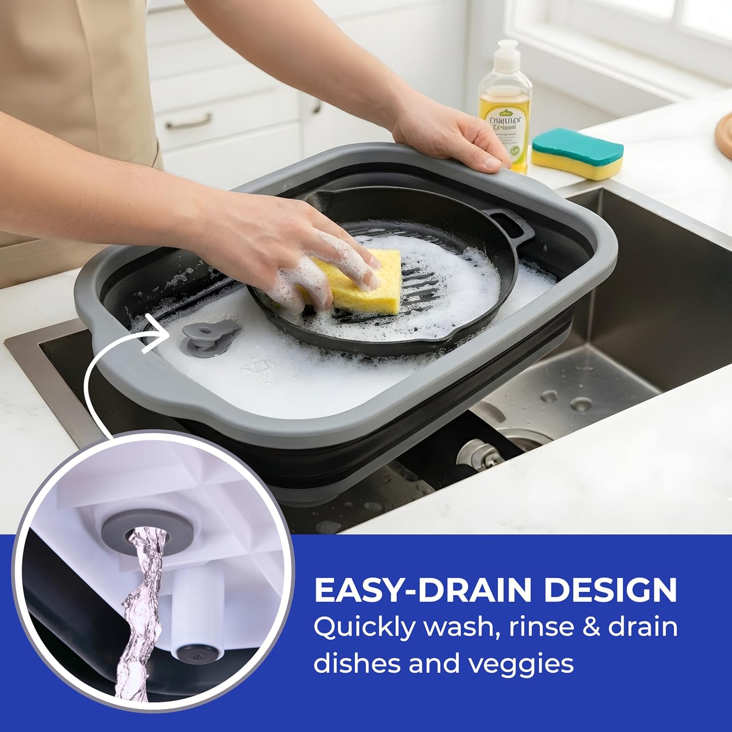 XL 3-in-1 BBQ Marinating Tub with Cutting Board Lid & Drain Plug – 16L Collapsible Food-Safe Wash Basin for Meat Prep, Grilling, Camping, Kitchen & Outdoor Cooking (Black)