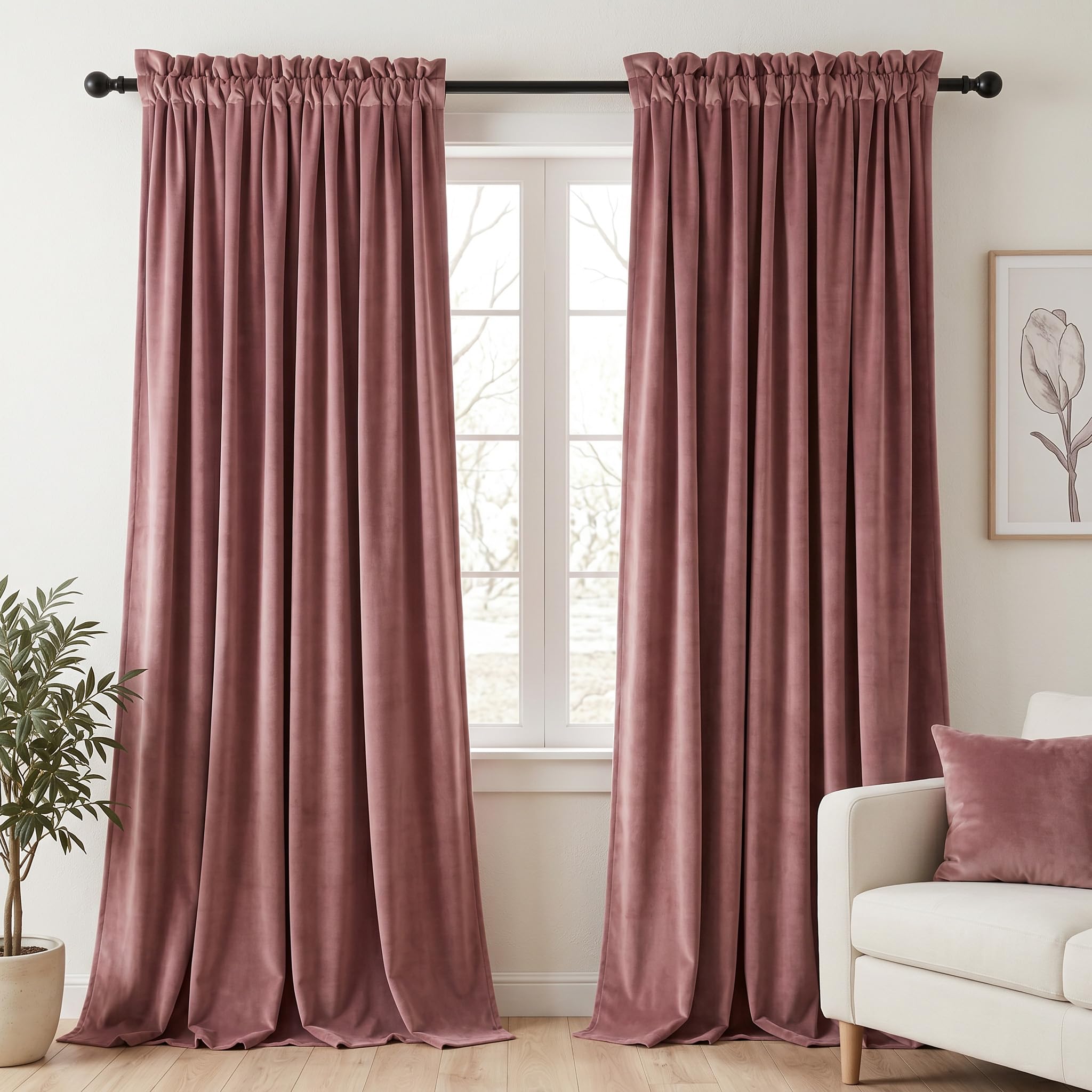Dchola Wild Rose Velvet Curtains for Bedroom Window, Super Soft Vintage Luxury Heavy Drapes, Room Darkening Rod Pocket Curtain for Living Room, W52 by L90 inches, 2 Panels