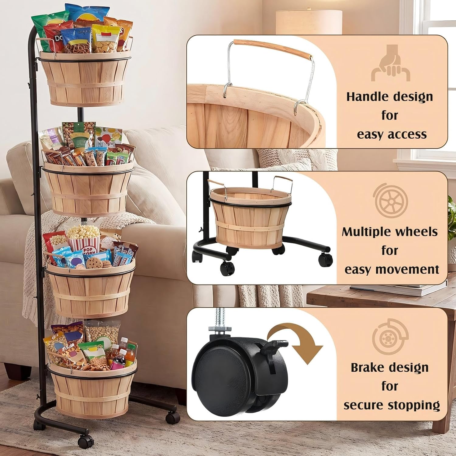FoldTier Retail Display Stand with Wheels, Round Wooden Baskets with Handles, Handcrafted Vintage Style Storage Rack for Market Display, Bread, Snacks, Wood Fruit Baskets Stand (57.5" H)