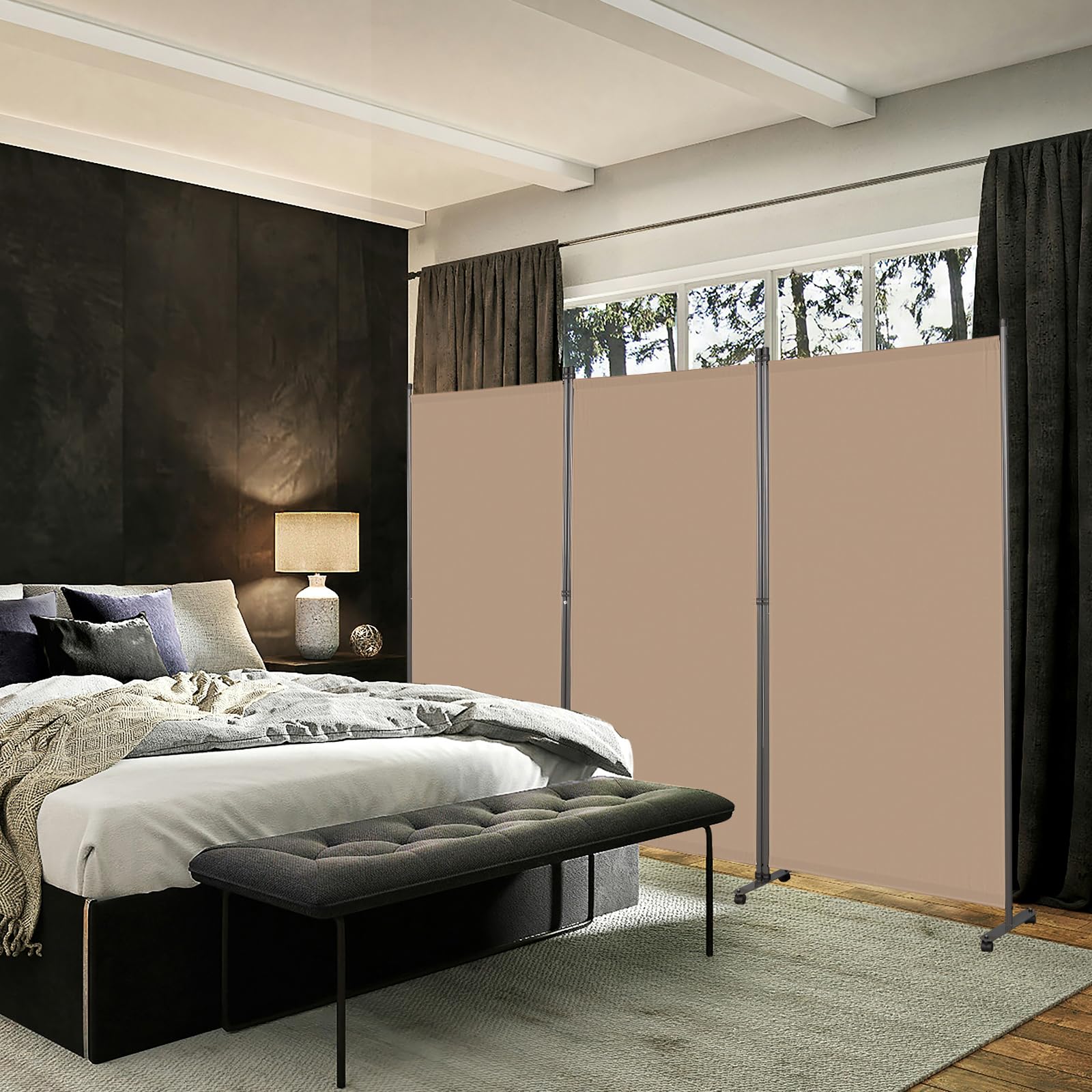 Angel Living Paravent sur roulettes, 3 Panneaux Diviseurs de Chambre Séparateur de Panneaux Indépendant Paroi de Séparation Murale Séparation Visuelle pour Bureaux, 243 x 180 cm (Beige Moka)