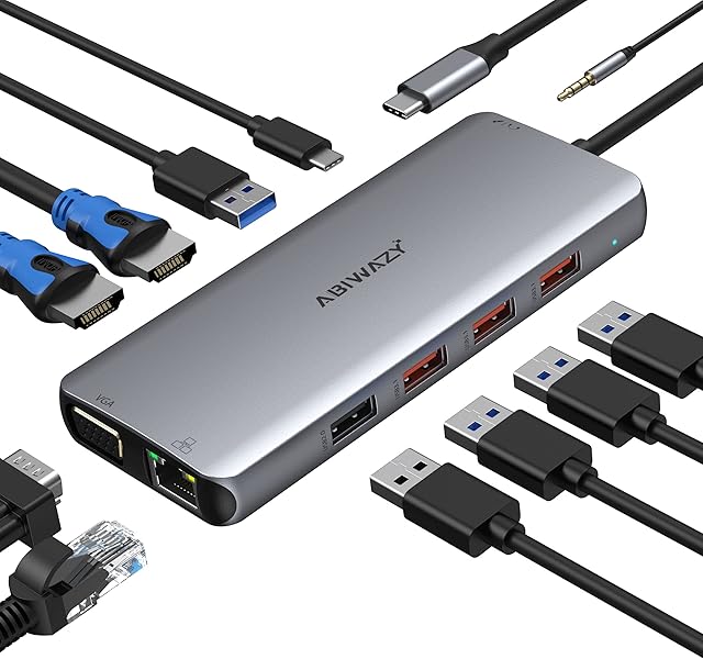 USB C Docking Station Dual Monitor HDMI for Laptop, HP Dell XPS 13/15, Multiport USB C Hub Thunderbolt 3/4 Dock Triple Monitor With 2 HDMI,VGA,Ethernet,3 USB 3.1 Gen 2, 2 USB 2.0 Port, 100W PD, Audio