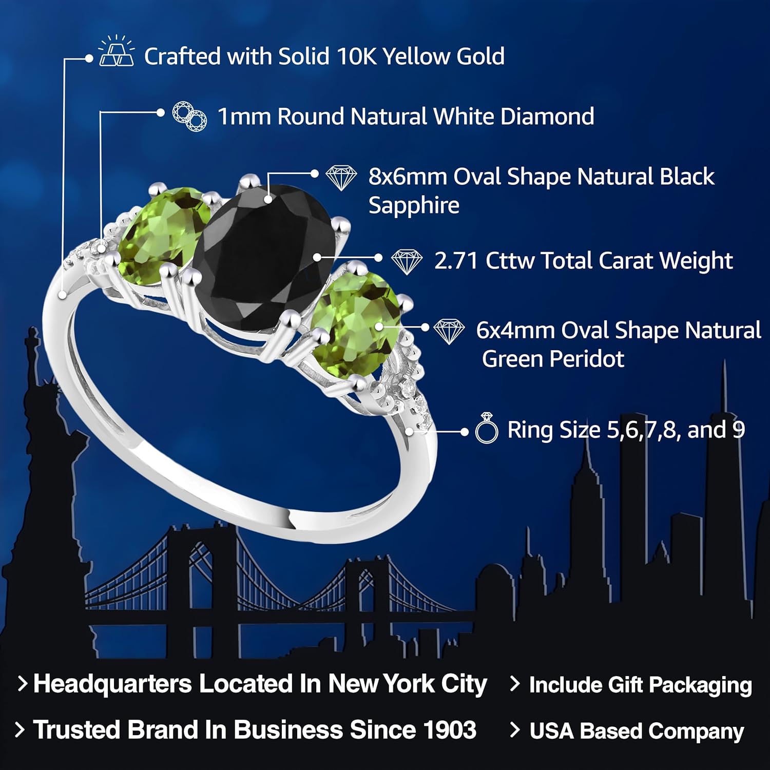 Gem Stone King 10K White Gold Oval Black Sapphire Green Peridot and Diamond Accent 3-Stone Engagement Ring For Women (2.71 Cttw, Gemstone Birthstone) - Image 2